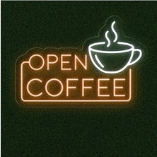 Biz Bu İşin Keyif Kısmındayız Open Coffee Yazılı ve Şekilli Neon Tabela