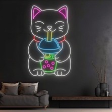 Biz Bu İşin Keyif Kısmındayız Bubble Tea Içen Kedi Figürlü Neon Tabela