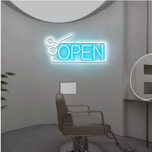 Biz Bu İşin Keyif Kısmındayız Open Yazılı Makas Figürlü Neon Tabela