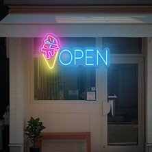 Biz Bu İşin Keyif Kısmındayız Open Yazılı Dondurma Figürlü Neon Tabela