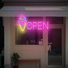 Biz Bu İşin Keyif Kısmındayız Open Yazılı Dondurma Figürlü Neon Tabela