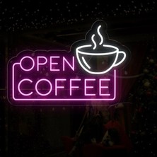 Biz Bu İşin Keyif Kısmındayız Open Coffee Yazılı ve Şekilli Neon Tabela
