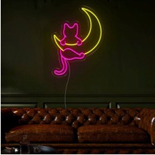 Biz Bu İşin Keyif Kısmındayız Kedi ve Ay Figürlü Neon Tabela