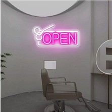 Biz Bu İşin Keyif Kısmındayız Open Yazılı Makas Figürlü Neon Tabela