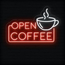 Biz Bu İşin Keyif Kısmındayız Open Coffee Yazılı ve Şekilli Neon Tabela