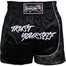 Dragondo MT3408 Trust Yourself Siyah Muay Thai Kick Boks Şortu 2XL Parlak Kumaş Yırtmaçlı Model