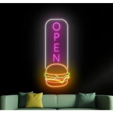 Biz Bu İşin Keyif Kısmındayız Open Yazılı ve Burger Şekilli Neon Tabela