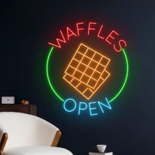 Biz Bu İşin Keyif Kısmındayız Waffles Open Yazılı ve Şekilli Neon Tabela