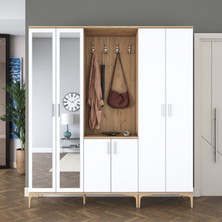 Rani EA154 Modern Aynalı Raflı Askılı Portmanto Ayakkabılık Vestiyer Sepet Ceviz - Beyaz