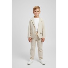 Çelix Kids Erkek Çocuk Ekru Çizgili Blazer Ceket Pantolon ve Tshirt 3lü Takım