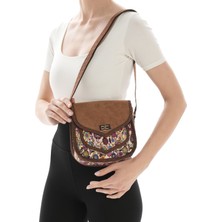 Missbag Kadın El Yapımı Etnik Desenli Kilit Kapama Küçük Boy Askılı Kahve Omuz Çantası