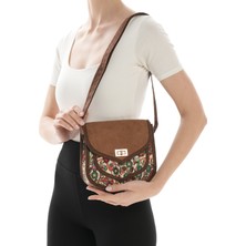 Missbag Kadın El Yapımı Etnik Desenli Kilit Kapama Küçük Boy Askılı Kahve Omuz Çantası