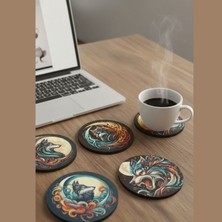 Remonz  Bozkurt Temalı 6'lı Ahşap Bardak Altlığı Seti - Özel Ahşap Stand Hediyeli - Modern Tasarım Isıya Dayanıklı Bardak Altlığı Takımı