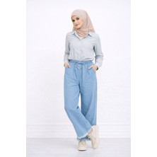 SFG Life Moda Kadın Paçaları Püsküllü ve Önü Bağcıklı Kot Kumaş Salaş Jeans Pantolon
