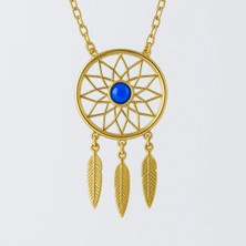 DMR Elegance 925 Ayar Dreamcatcher Figürlü Mavi Taş Detaylı Altın Kaplama Gümüş Kadın Kolye