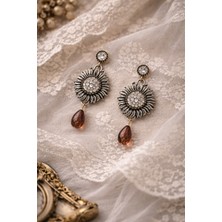 Mirada Jewelry Ayçiçeği Figürlü Damla Taşlı Kadın Vintage Tasarım Küpe