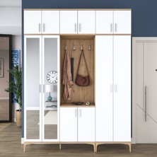 Rani EA157 Modern Portmanto 12 Kapaklı Aynalı Raflı Askılı Ayakkabılık Vestiyer Sepet Ceviz - Beyaz