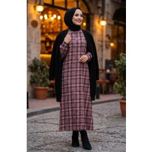 Ekose Desenli Oduncu Kışlık Elbise 2507-04 Gül Kurusu