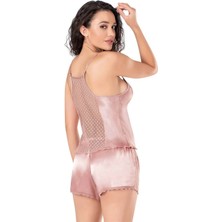 Amora Secret Özel Tasarım  Koyu Pudra Saten Babydoll Şort Takımı