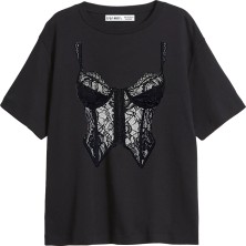 Cinema Moda High Grip Baskılı Relaxed Fit Siyah Kadın Tshirt