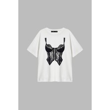 Cinema Moda High Grip Baskılı Relaxed Fit Beyaz Kadın Tshirt