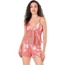 Amora Secret Özel Tasarım  Mercan Saten Babydoll Şort Takımı