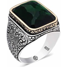 Fumeyabi Gümüş Zirkon Yeşil Taşlı Kare Erkek Yüzük