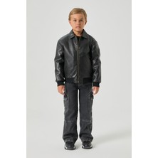 Guess Bg Store Erkek Çocuk Siyah Deri Ceket Standart Kalıp Gömlek Yaka Cep Var