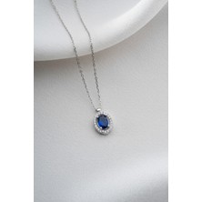 Two Arts Kadın 925 Ayar Gümüş Safir Eylül Doğum Taşlı Baget Kolye Oval | 925 Gümüş