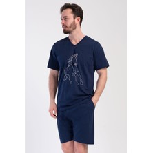 Vienetta Erkek Büyük Beden V Yaka Kısa Kol Şortlu Lacivert Penye Pijama Takımı C8T3N0104