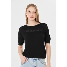 Irmak Kerekli Kadın Bisiklet Yaka Ajurlu Kısa Kol Baharlık Bluz 1701 Siyah