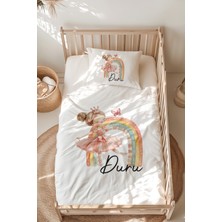 Lilabio %100 Pamuk Isme Özel Isimli Montessori Yatak Nevresim Takımı (100X200 Cm) Gökkuşağı ve Balerin