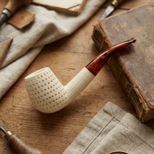 Goldenlight Meerschaum El Oyması Lületaşı Nokta Motifli 9mm Filtreli Pipo, Akrilik Ağızlıklı, Kutulu Hediyelik 16 cm