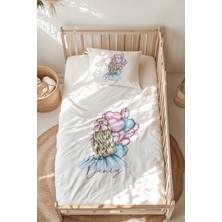 Lilabio %100 Pamuk Isme Özel Isimli Montessori Yatak Nevresim Takımı (100X200 Cm) Balonlu Kız