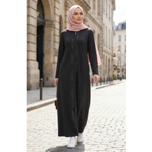 Fermuarlı Taşlı Ferace 71179-04 Siyah