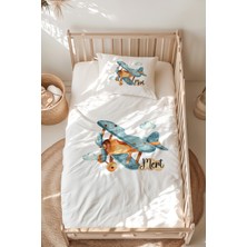 Lilabio %100 Pamuk Isme Özel Isimli Montessori Yatak Nevresim Takımı (100X200 Cm) Uçak