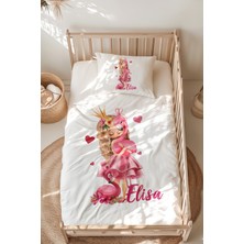 Lilabio %100 Pamuk Isme Özel Isimli Montessori Yatak Nevresim Takımı (100X200 Cm) Flamingolu Kız