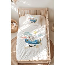 Lilabio %100 Pamuk Isme Özel Isimli Montessori Yatak Nevresim Takımı (100X200 Cm) Uçak