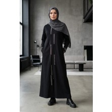 Fermuarlı Taşlı Ferace 71181-03 Siyah