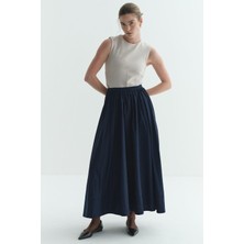 Merve Gültekin Büzgülü Geniş Katlamalı Astarlı Etek Lacivert