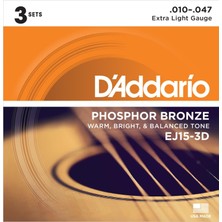 D'addario EJ15-3D Phosphor Bronze Serisi Akustik Gitar Tel Seti (Extra Light - 10-47 - Phosphor Bronze)