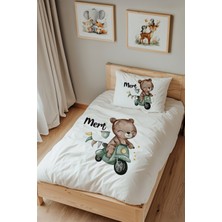 Lilabio Isme Özel Tek Kişilik %100 Pamuk Nevresim Takımı (160X220 Cm) Scooterlı Ayıcık
