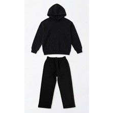 MAKSFD Unisex Çocuk Kapüşonlu Siyah Alt Üst Eşofman Takımı Pamuklu Rahat Kalıp