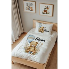 Lilabio Isme Özel Tek Kişilik %100 Pamuk Nevresim Takımı (160X220 Cm) Mavi Balonlu Ayıcık