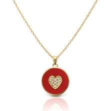 Zeya Kuyumculuk 14 Ayar Altın Kırmızı Mineli Taşlı Kalp Kolye