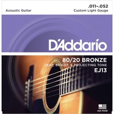 D'addario EJ13 80/20 Bronze Akustik Gitar Tel Seti - 11-52 Custom Light (Profesyonel) | Dengeli Çalım Hissiyatı, Parlak Ton Karakteri ve Uzun Ömürlü Kullanım