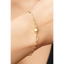 Fiyonk Kuyumculuk 14 Ayar Altın Küp Detaylı Aynalı Zincirli Bileklik