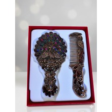 DeGo Shop Etnik Desenli Vintage Kabartmalı El Aynası ve Tarak Seti ( Kutulu )