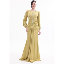 Bdm Exclusive Taş Detaylı Drape Gövdeli Uzun Kollu Premium Abiye Elbise