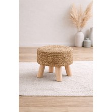 CNRWOOD Doğal Hasır Jüt Sarım Ahşap Ayaklı Bohem Dekoratif Tabure – Küçük Boy